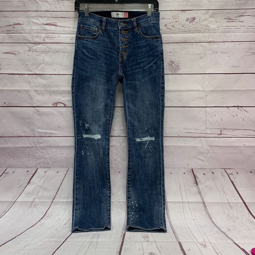 CAbi Dark Blue Straight Leg Jeans with Distressed Detail